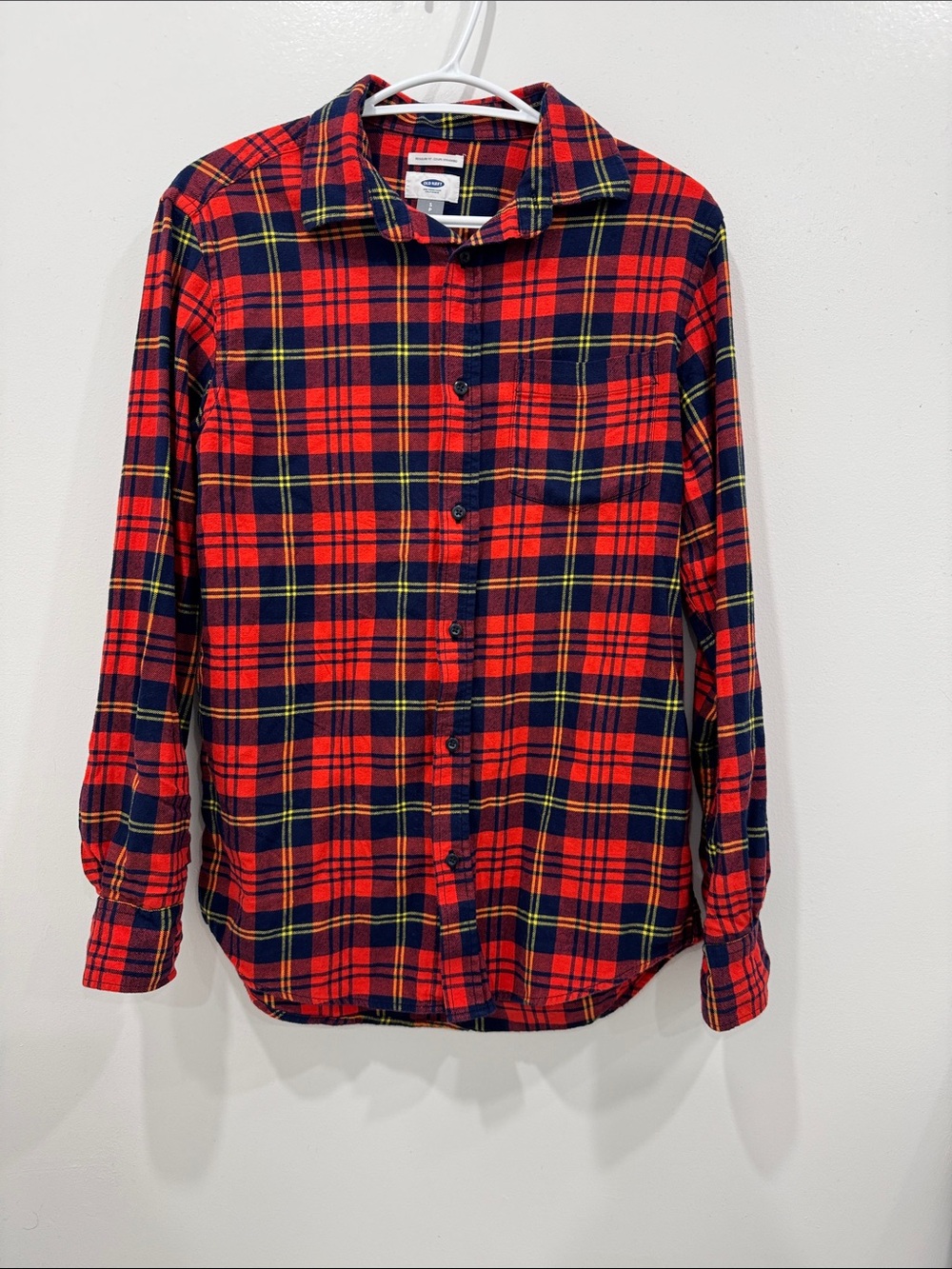 Old Navy Red Navy Plaid Flannel Button Front Shirt Small Regular Fit 100% Cotton